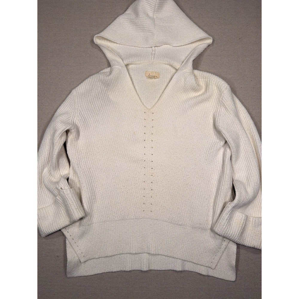 Anthropologie J Cream Ribbed Knit Hooded Sweater V-Neck Cotton Blend Large